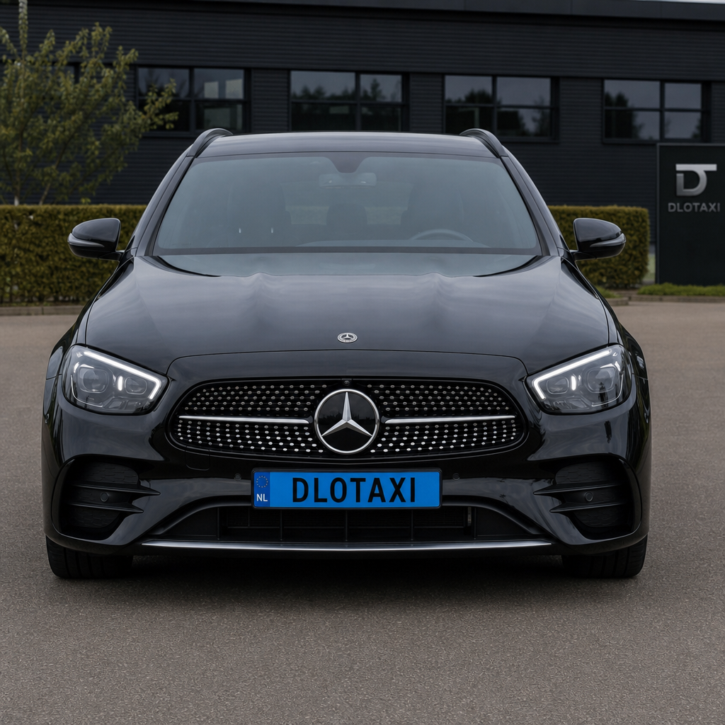 Zwarte Mercedes-Benz E220 Estate DLOTAXI vooraanzicht met blauwe kentekenplaat