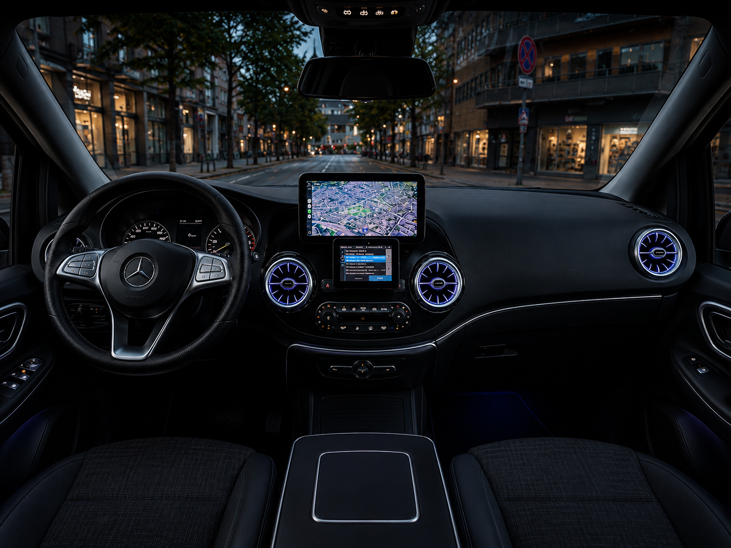 Mercedes-Benz Vito dashboard met navigatie en blauwe ambient lighting