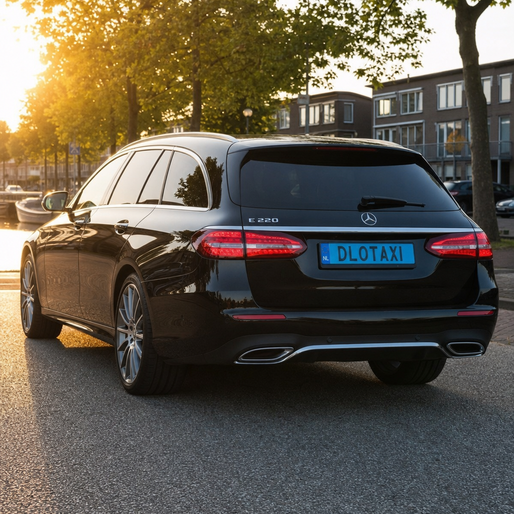 Zwarte Mercedes-Benz E220 Estate DLOTAXI achteraanzicht met blauwe kentekenplaat