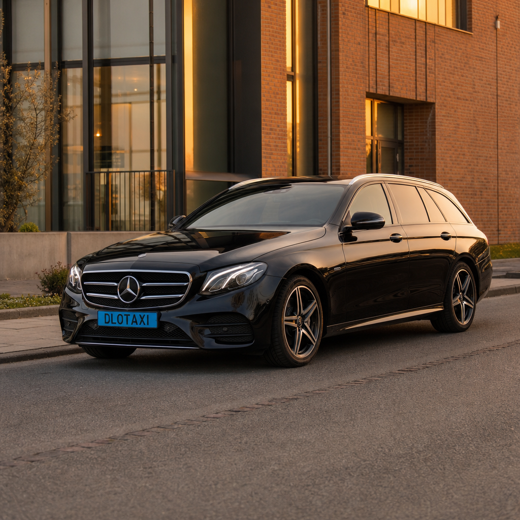 Zwarte Mercedes-Benz E220 Estate DLOTAXI schuin vooraanzicht met blauwe kentekenplaat