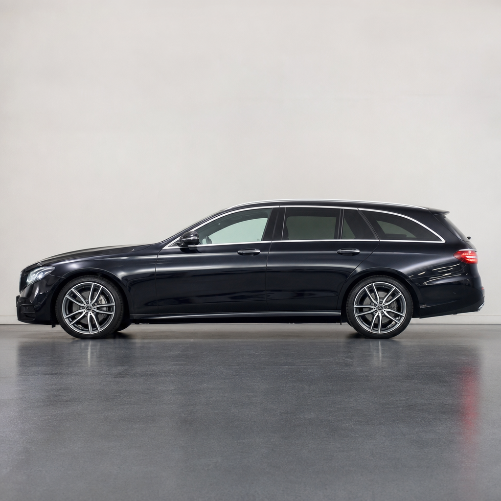 Zwarte Mercedes-Benz E220 Estate DLOTAXI zijaanzicht met blauwe kentekenplaat